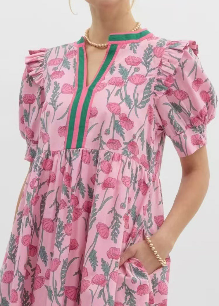 French Pink Puff Sleeve Ruffled Print Cotton Dress