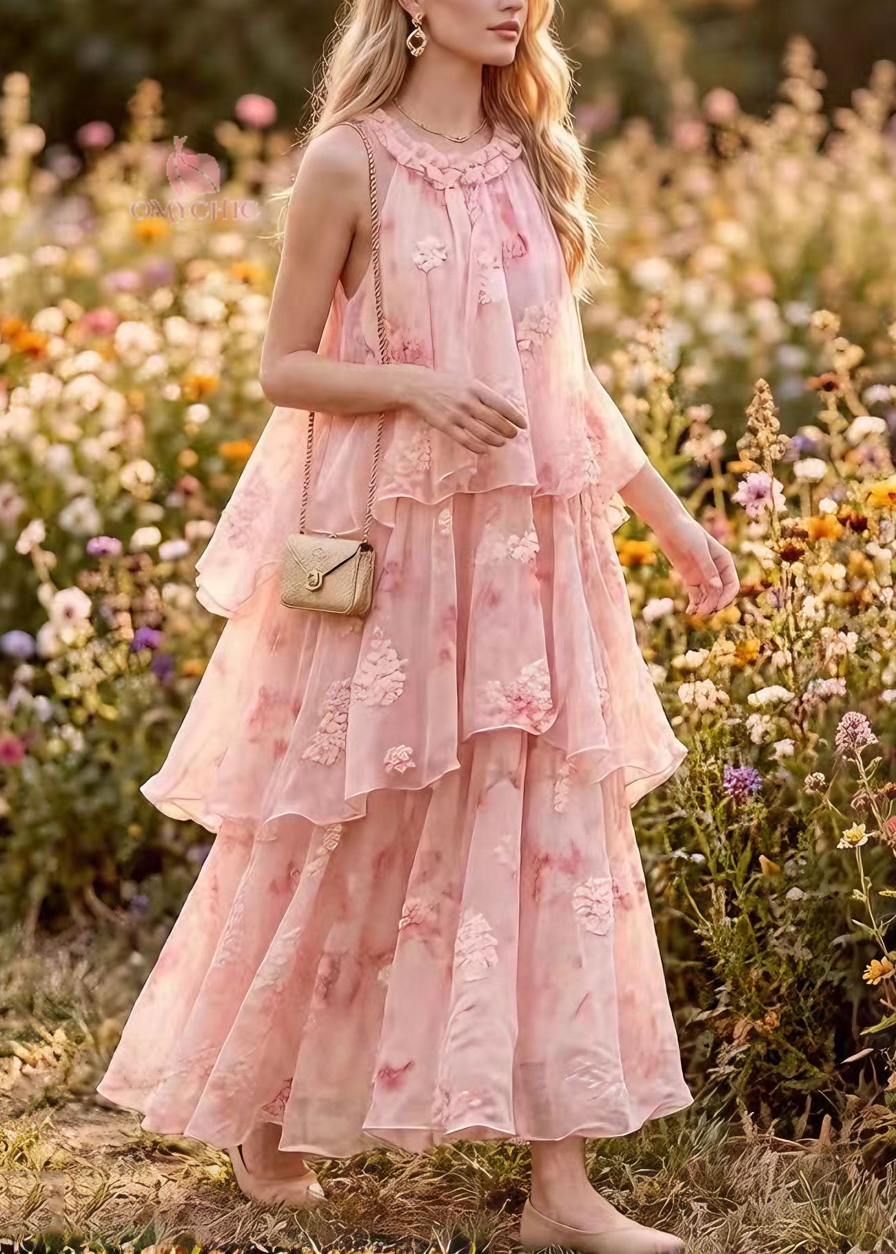 French Pink Ruffled Patchwork Chiffon Maxi Dresses Summer