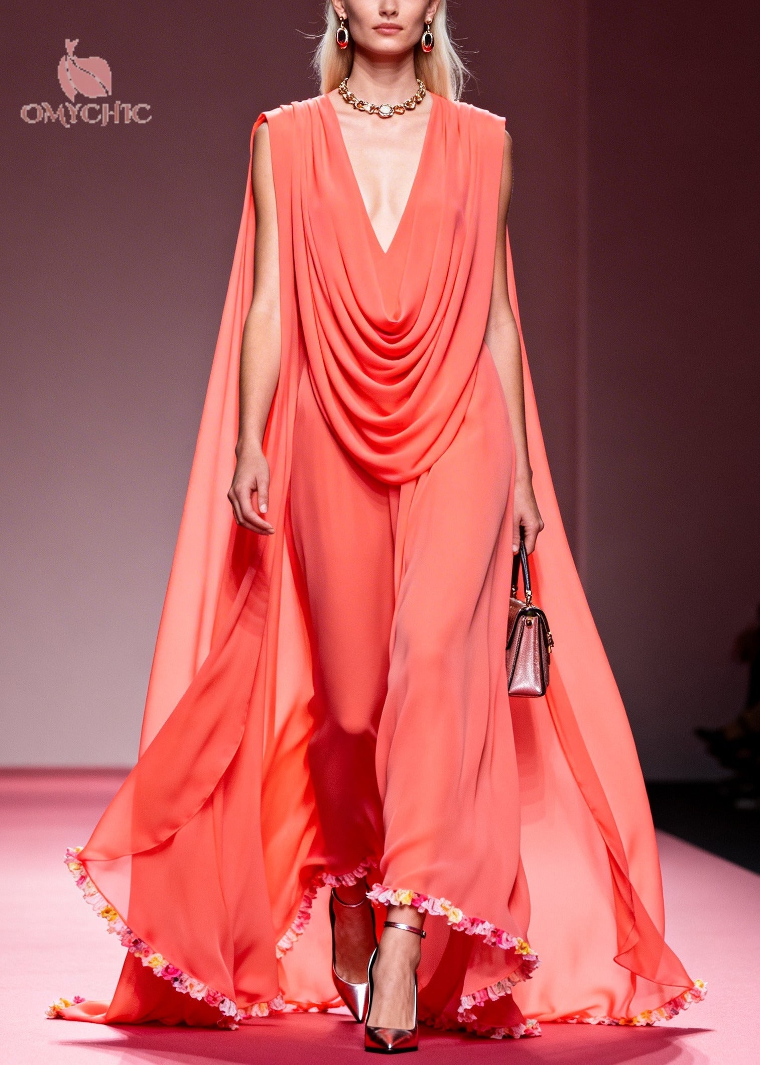 French Pink V Neck Wrinkled Exra Large Hem Chiffon Party Dress Summer