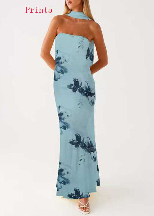 French Print Chiffon Strapless Maxi Dresses Sleeveless