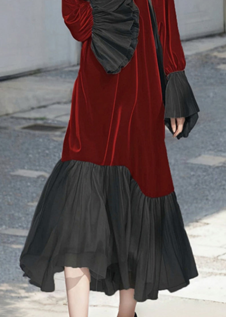 French Red O-Neck Patchwork Silk Velvet Long Dress Flare Sleeve