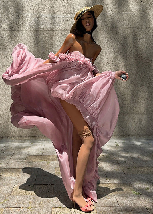 French Rose Ruffled Low High Design Chiffon Strapless Dresses Summer