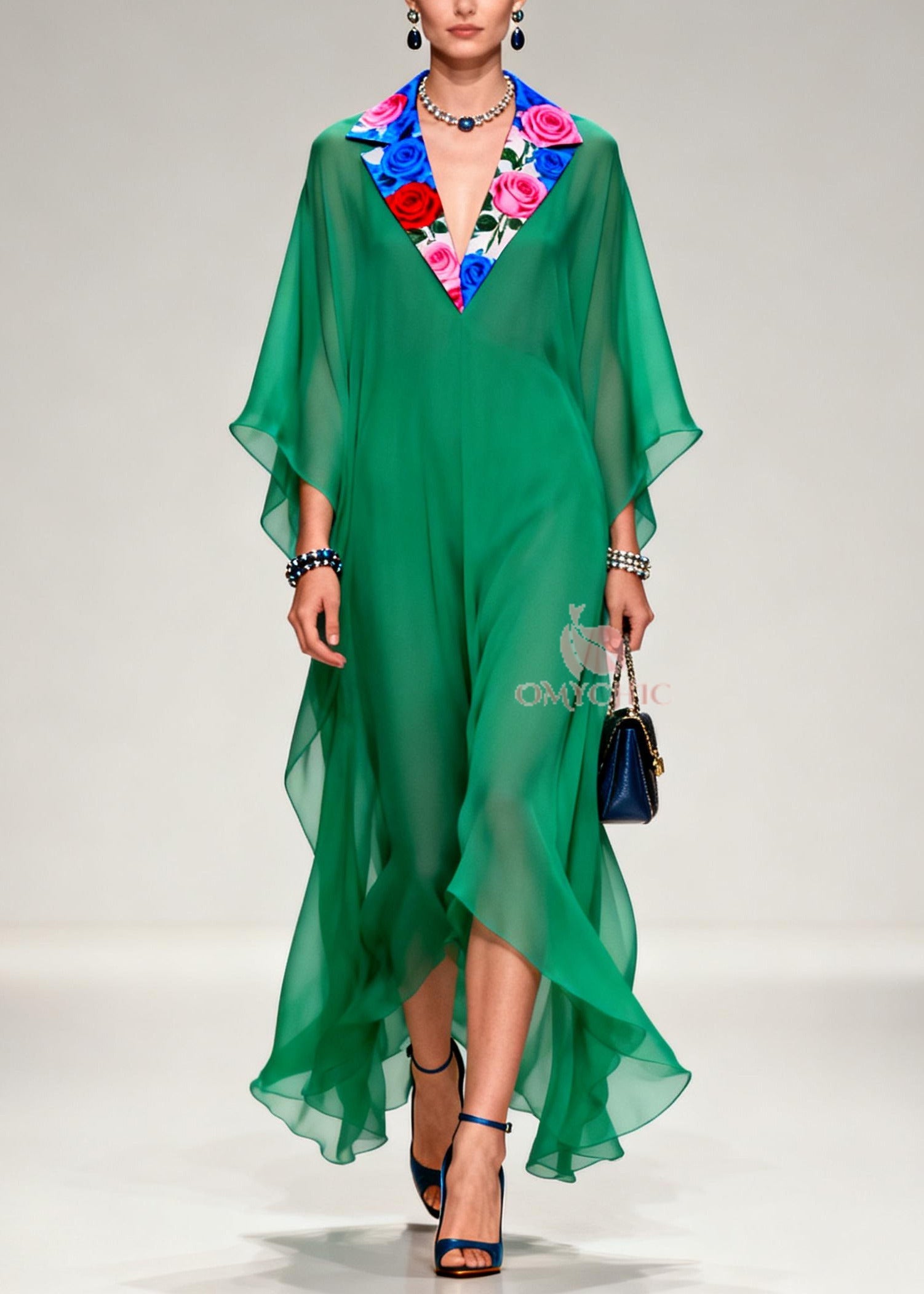 French Tea Green Notched Patchwork Chiffon Long Dresses Summer