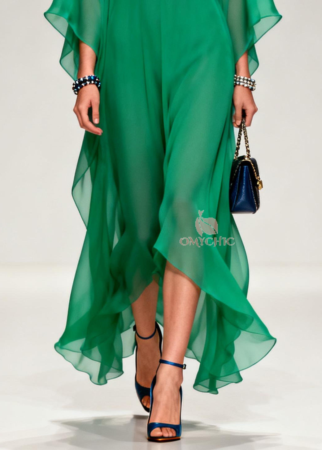 French Tea Green Notched Patchwork Chiffon Long Dresses Summer