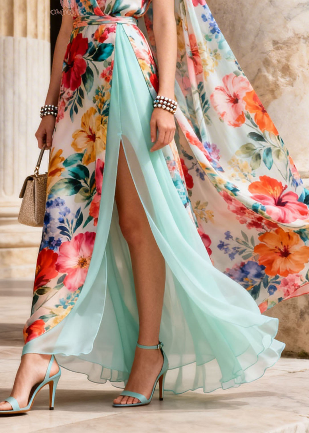 French V Neck Print Side Open Patchwork Chiffon Dresses Summer