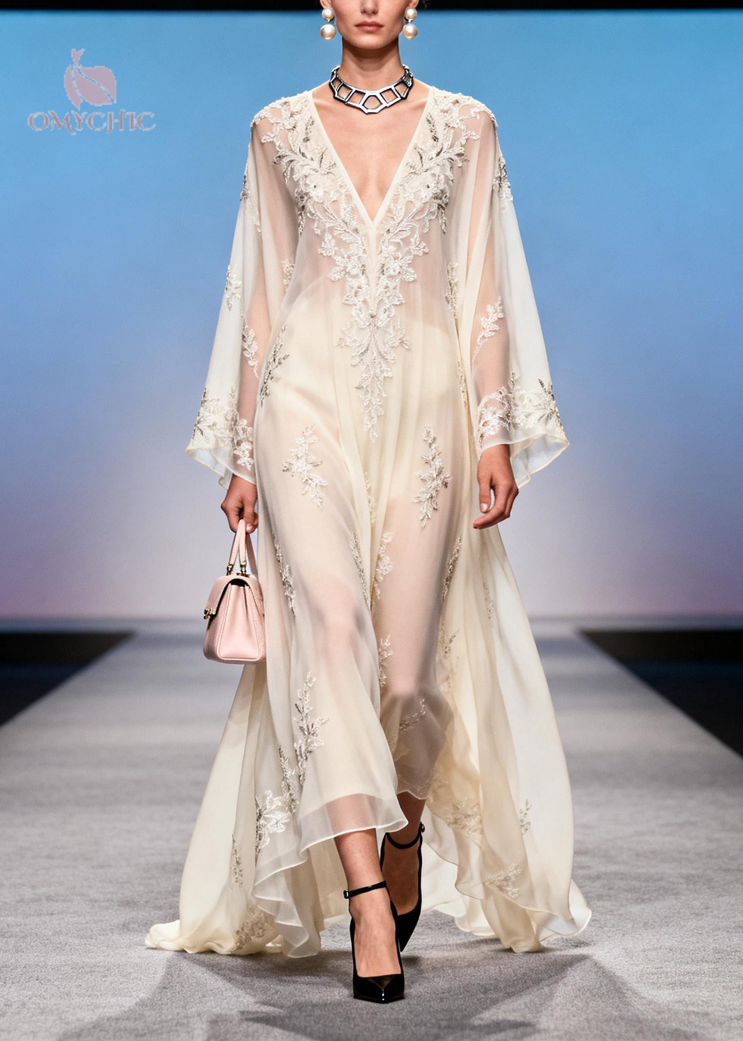 French White Embroidered Exra Large Hem Chiffon Party Dress Summer