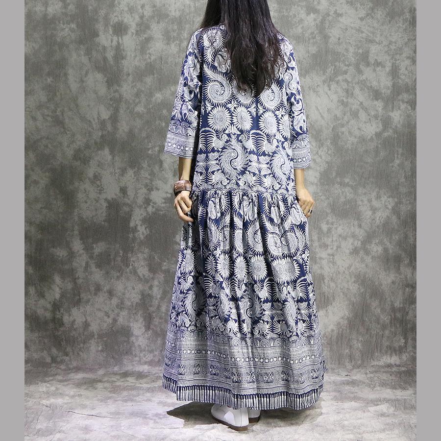 French prints linen cotton clothes For Women plus size Neckline blue Maxi Dress summer