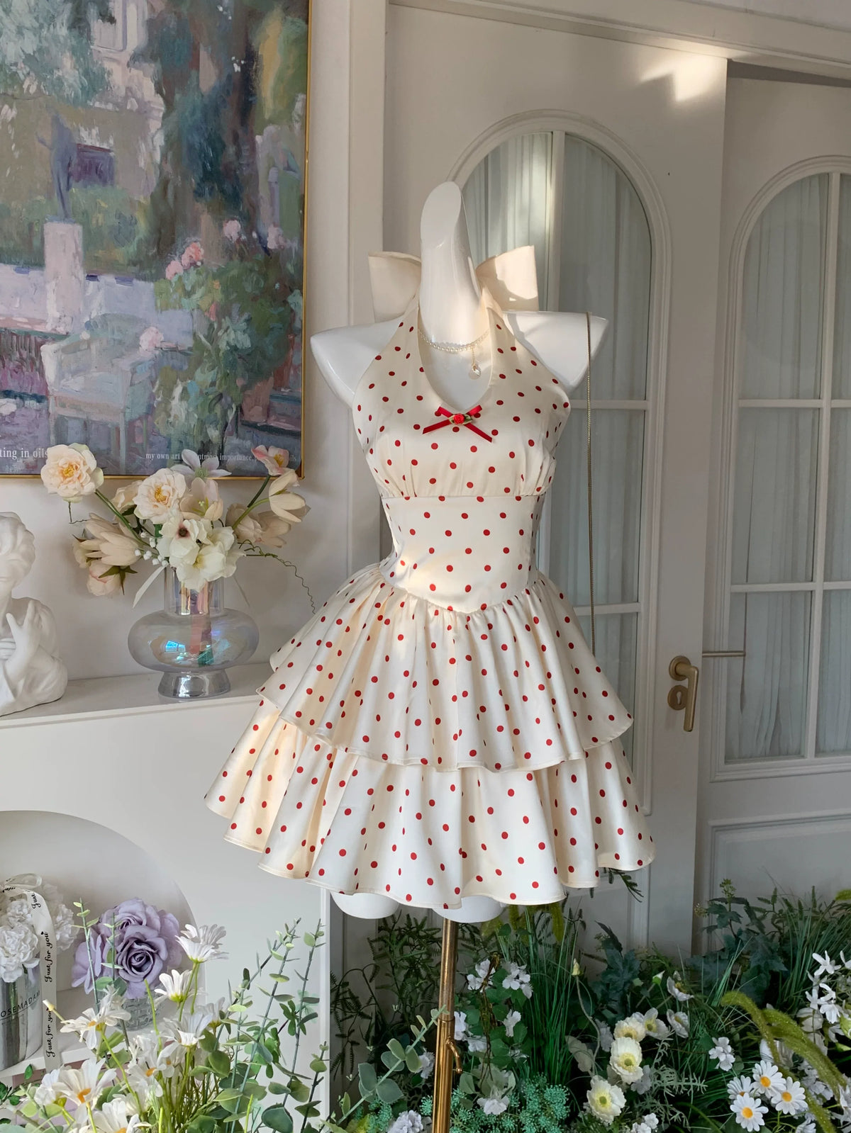 French-style Polka-dot Satin Homecoming Dress Short Birthday Dress