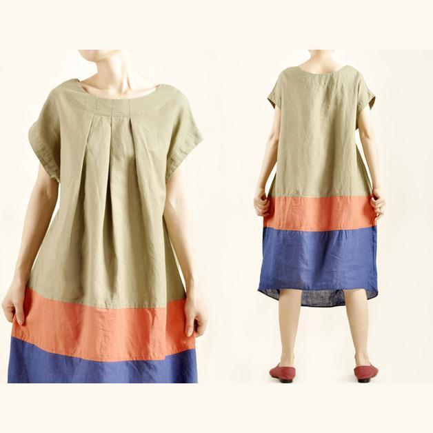Fresh color patch maxi dress linen cotton oversize sundress