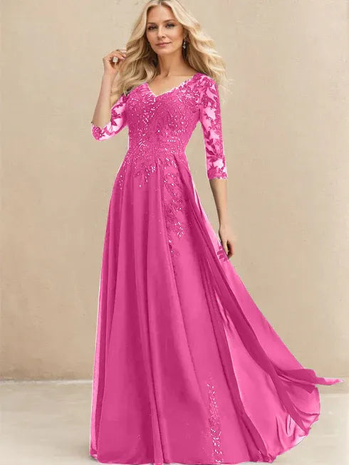 A-line V-Neck Floor-Length Lace Chiffon Mother of the Bride Dress With Sequins - View 15 | FashionDia