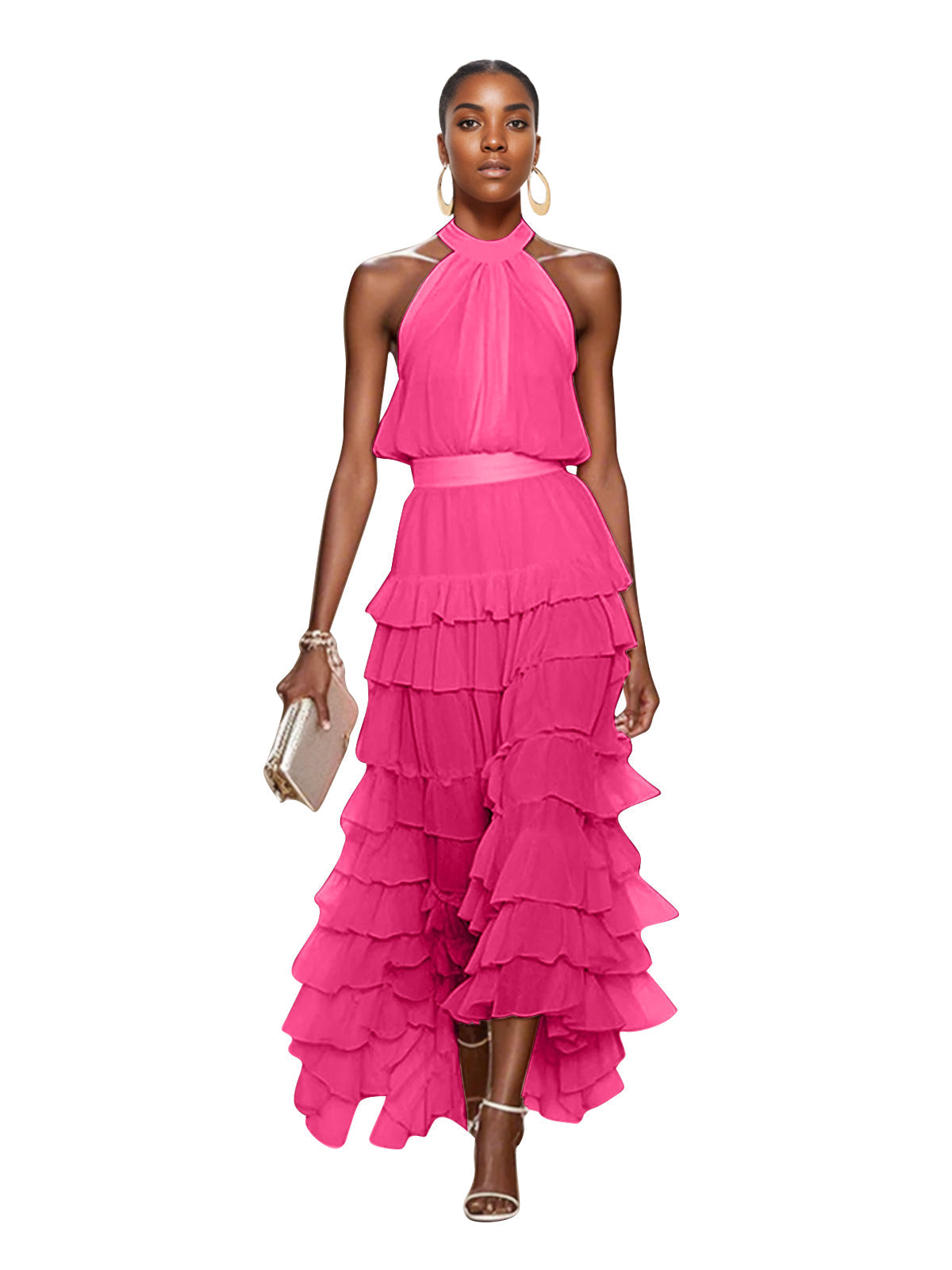 A Line Pink Chiffon Halter Neck Sleeveless Ankle Length Dress With Cascading Ruffles