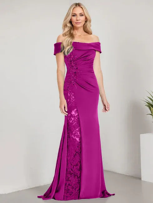A-Line Off-the-Shoulder Floor-Length Mother of the Bride Dress Applique Beadings Mermaid Dress With High Split - View 13 | FashionDia