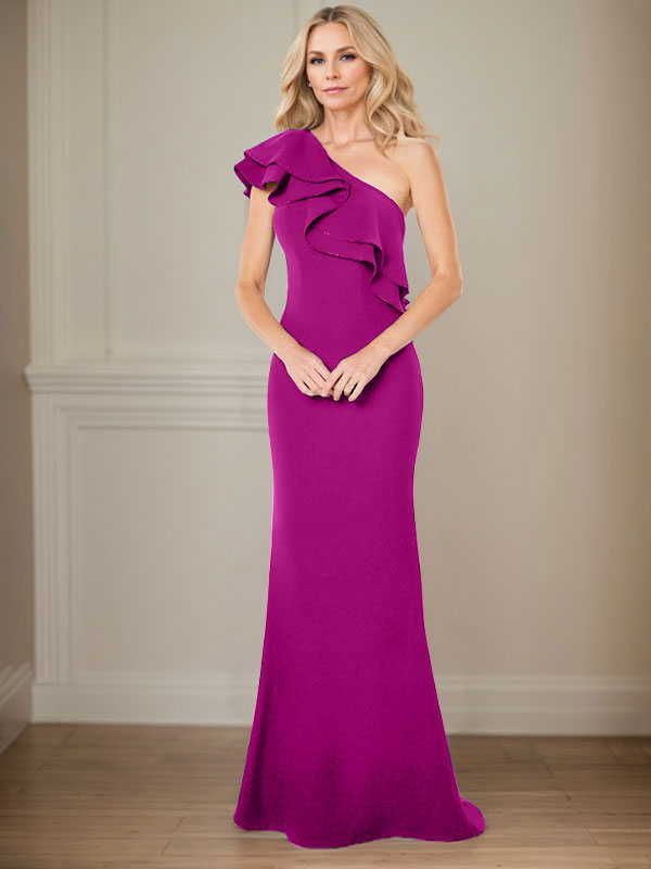 A-Line One-Shoulder Floor-Length Chiffon Mother of the Bride Dress With Ruffles - View 15 | FashionDia