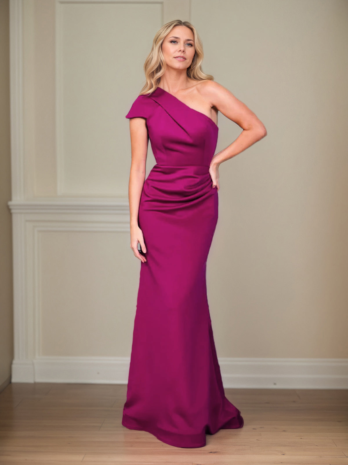 Satin Sheath/Column One Shoulder Short Sleeves Floor Length Mother of the Bride Dresses