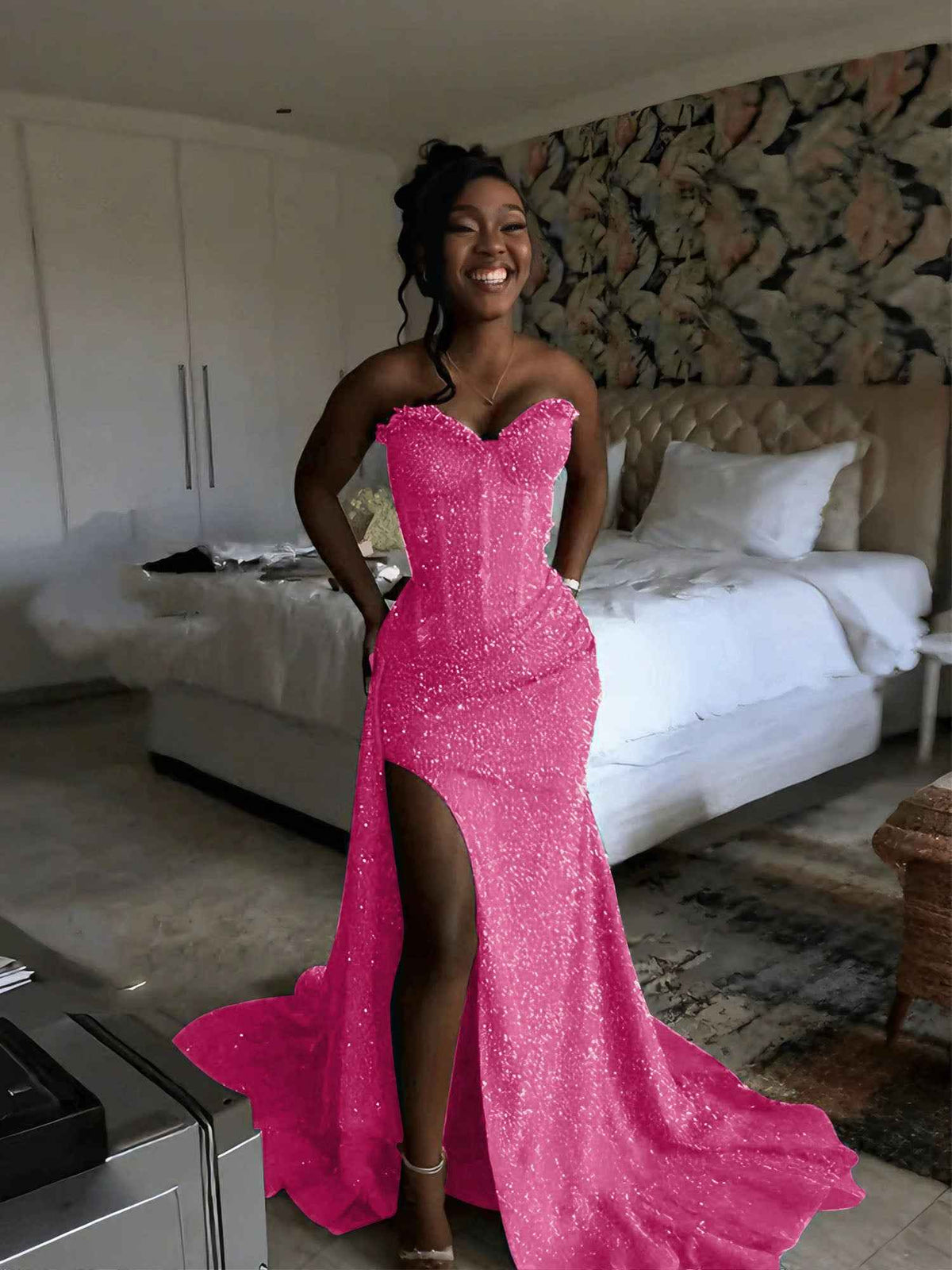 Glitter Strapless Mermaid Sequined Long Prom Dress with Slit (ZD17399)