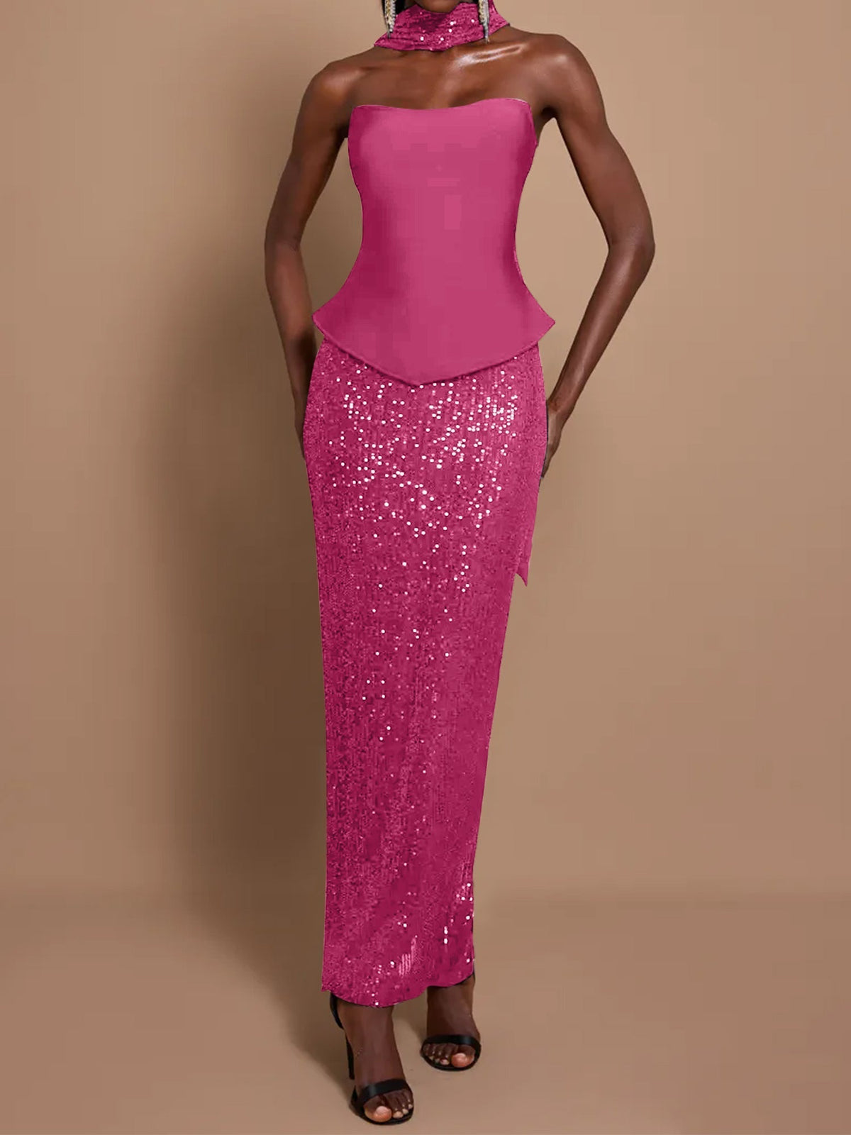 Off-Shoulder Bandage Top & Sequin Midi Skirt Set - View 11 | FashionDia