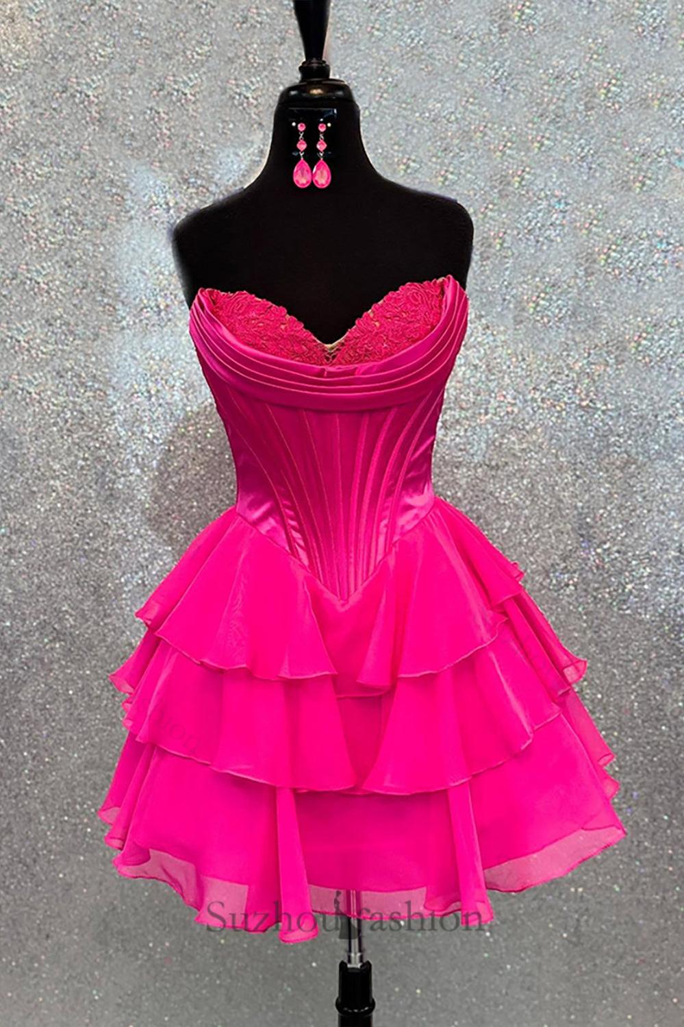 Fuchsia A Line Homecoming Dresses Corset Short Cocktail Dresses With Ruffles