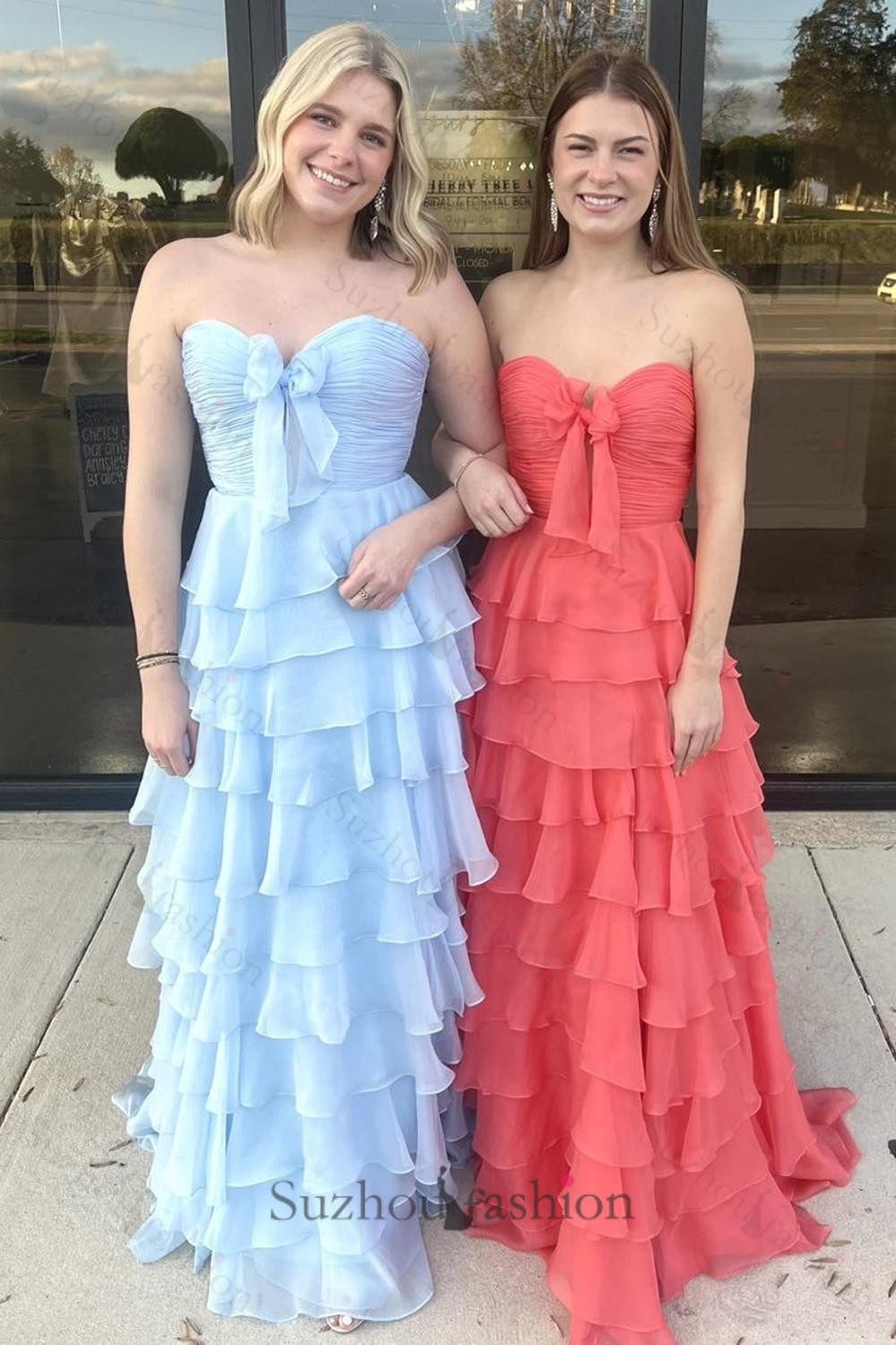 Fuchsia Prom Dress A-Line Sweetheart Tiered Formal Dress With Slit