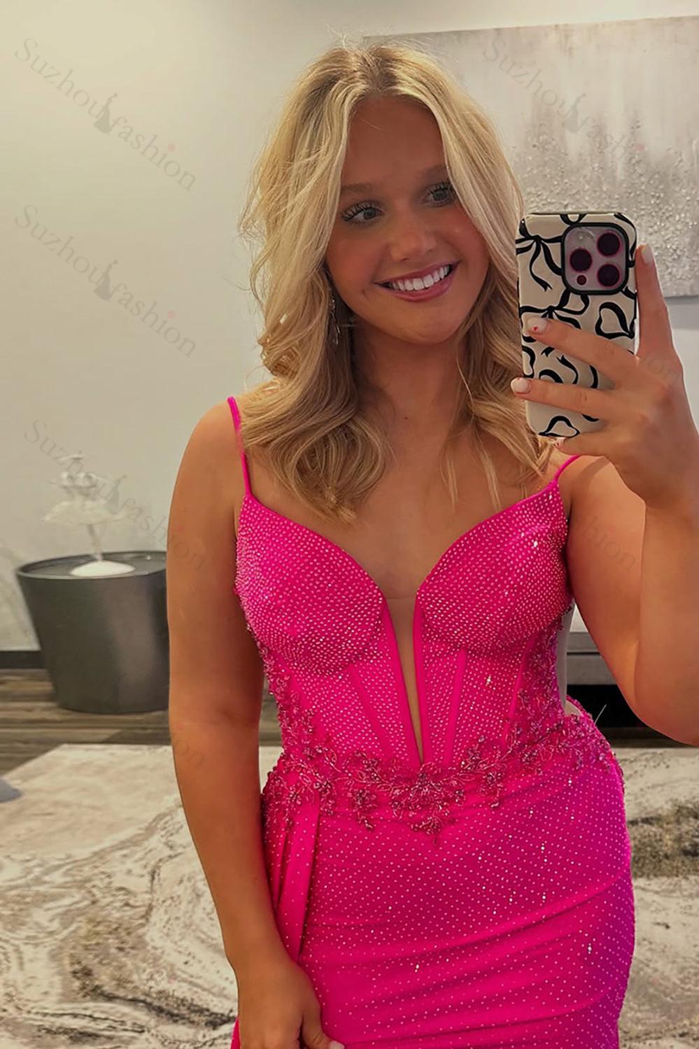 Fuchsia Prom Dress Beaded Spaghetti Straps Formal Dress With Slit