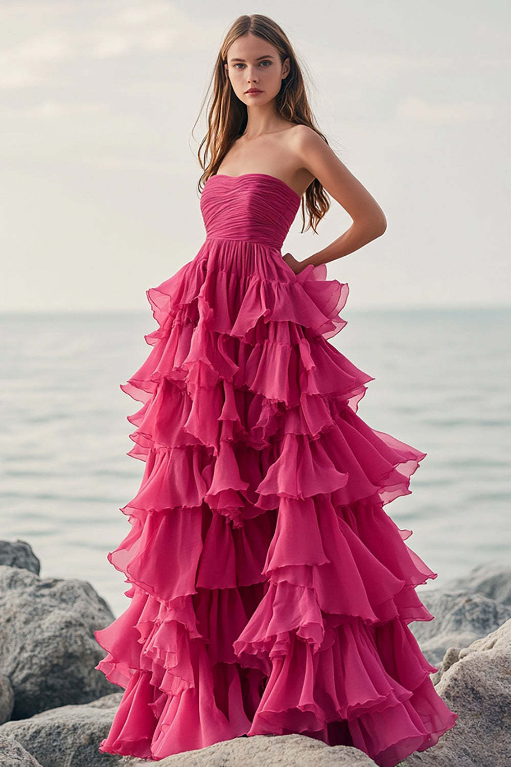 Fuchsia Prom Dress Chiffon Strapless Long Ball Gown Formal Dress With Ruffles