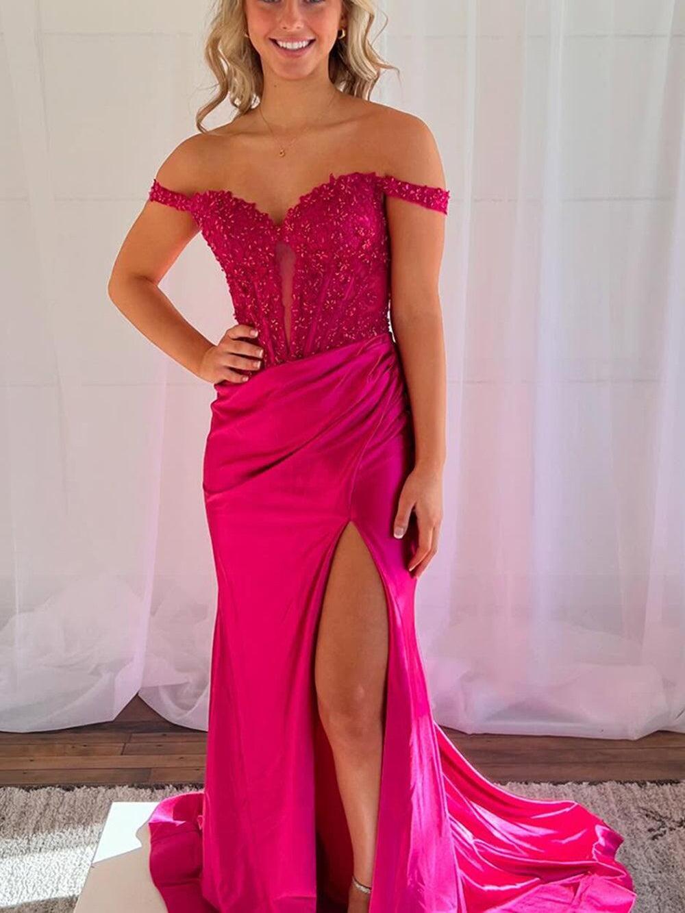 Pink Mermaid Off-Shoulder Sweetheart Appliques Pleated Prom Dress with Slit - View 12 | FashionDia