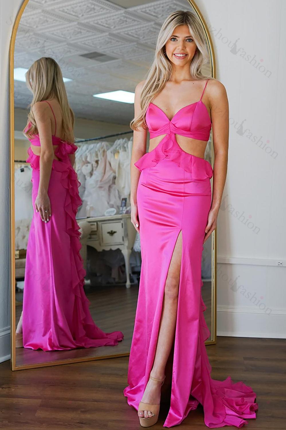 Fuchsia Prom Dress Mermaid Ruffled Satin Long Formal Dress With Slit