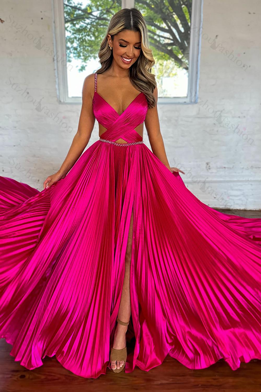 Fuchsia Prom Dress Metallic Pleated Formal Dress With Slit