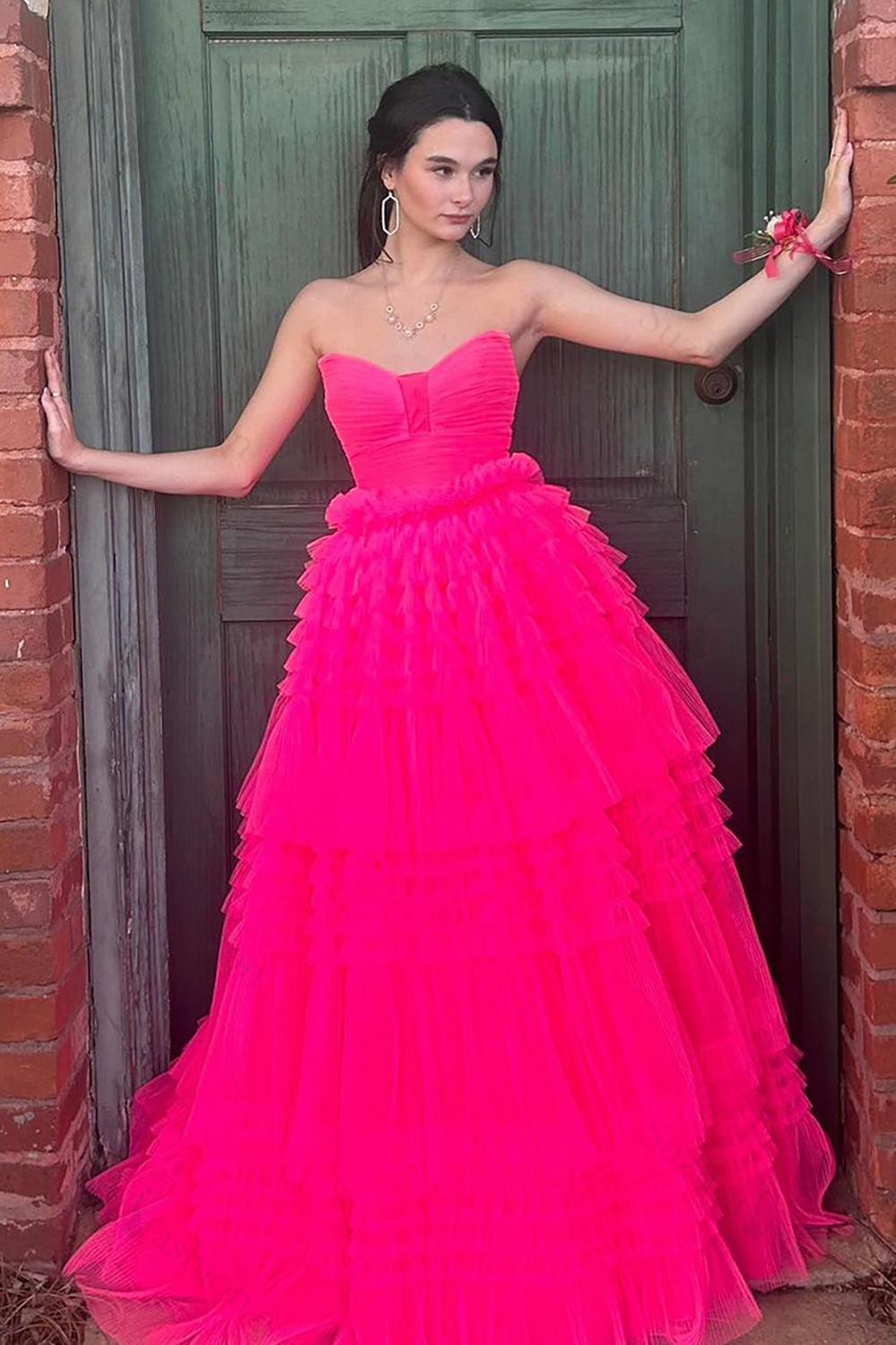 Fuchsia Prom Dress Ruffled Sweetheart Long Formal Dress