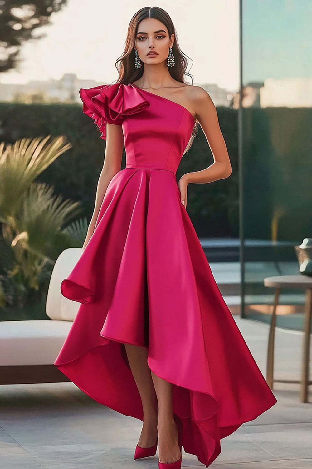 Fuchsia Prom Dress Satin One Shoulder High-Low Ruffled A Line Formal Dress