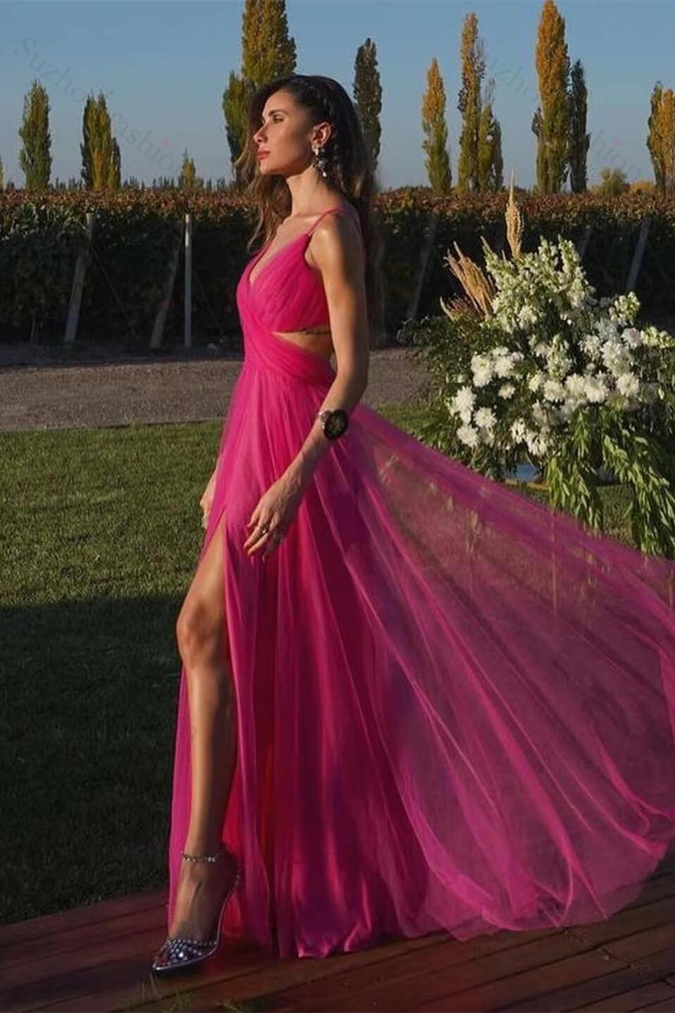 Fuchsia Prom Dress Spaghetti Strap Sleeveless A Line Evening Formal Dress Tulle With Front Split