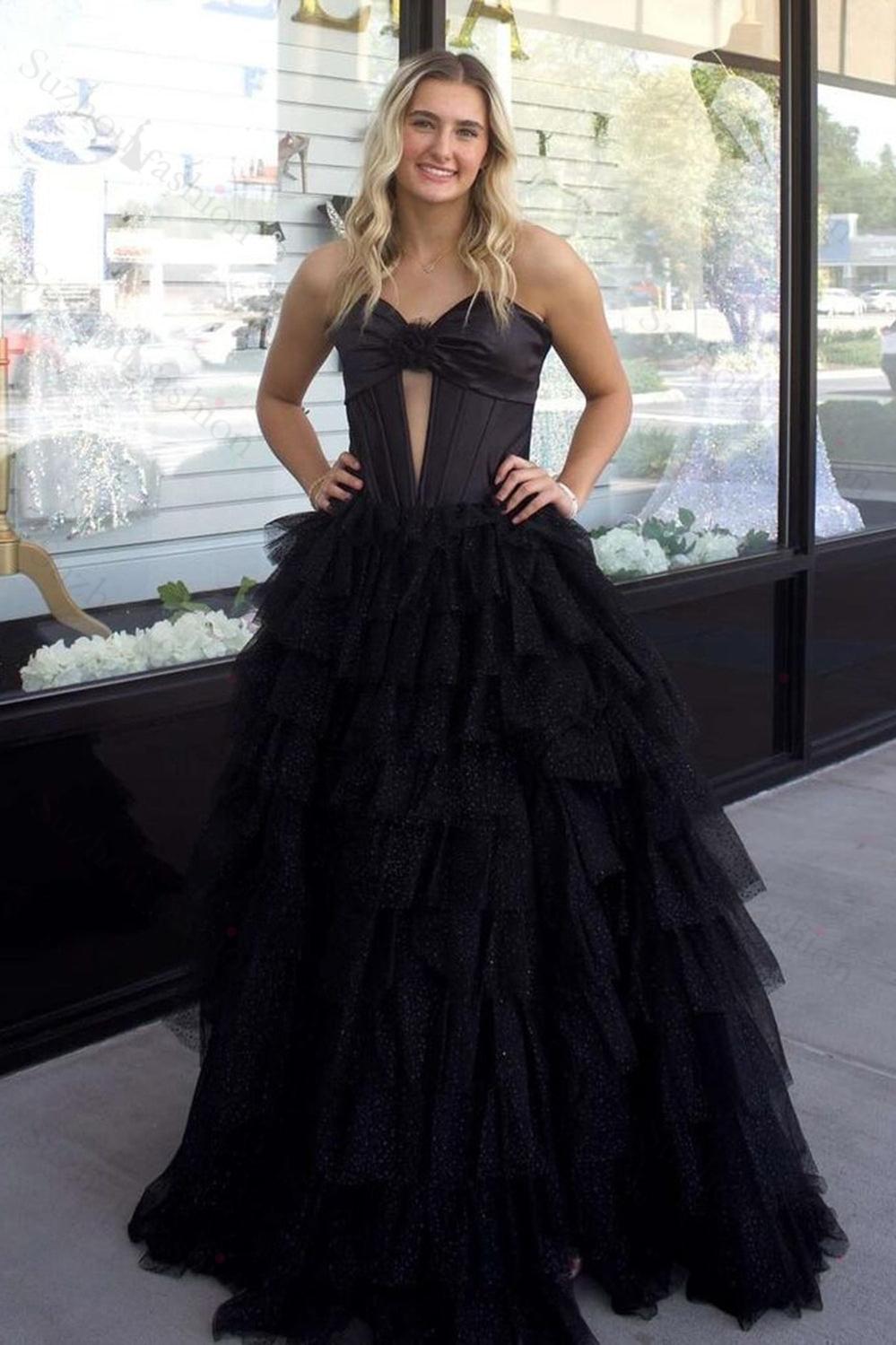 Fuchsia Prom Dress Strapless Ruffled Corset Tulle Long Formal Dress