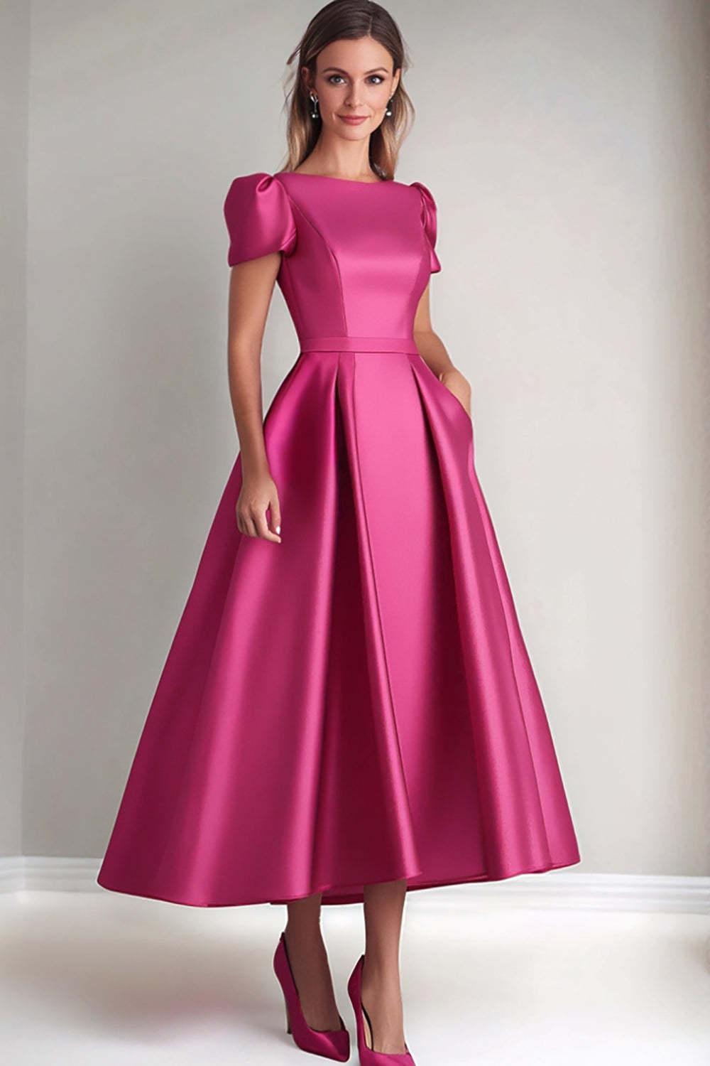 Fuchsia Wedding Guest Dress A Line Satin Formal Dress With Puff Sleeves