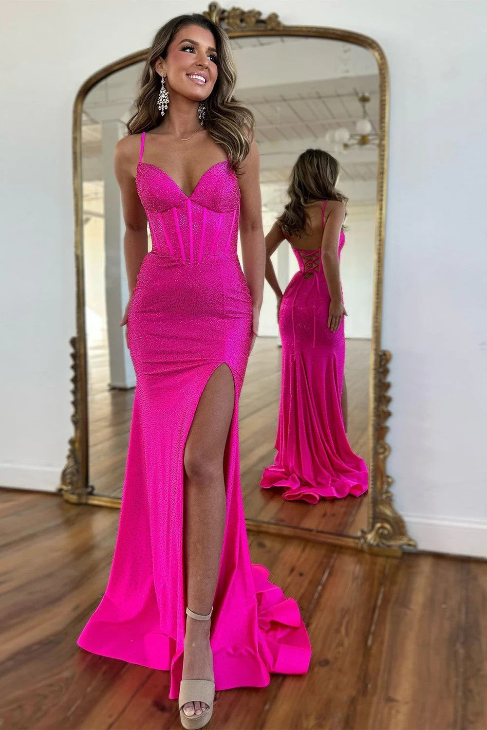 Sparkly Mermaid Spaghetti Straps Fuchsia Corset Prom Dress with Beading - FashionDia