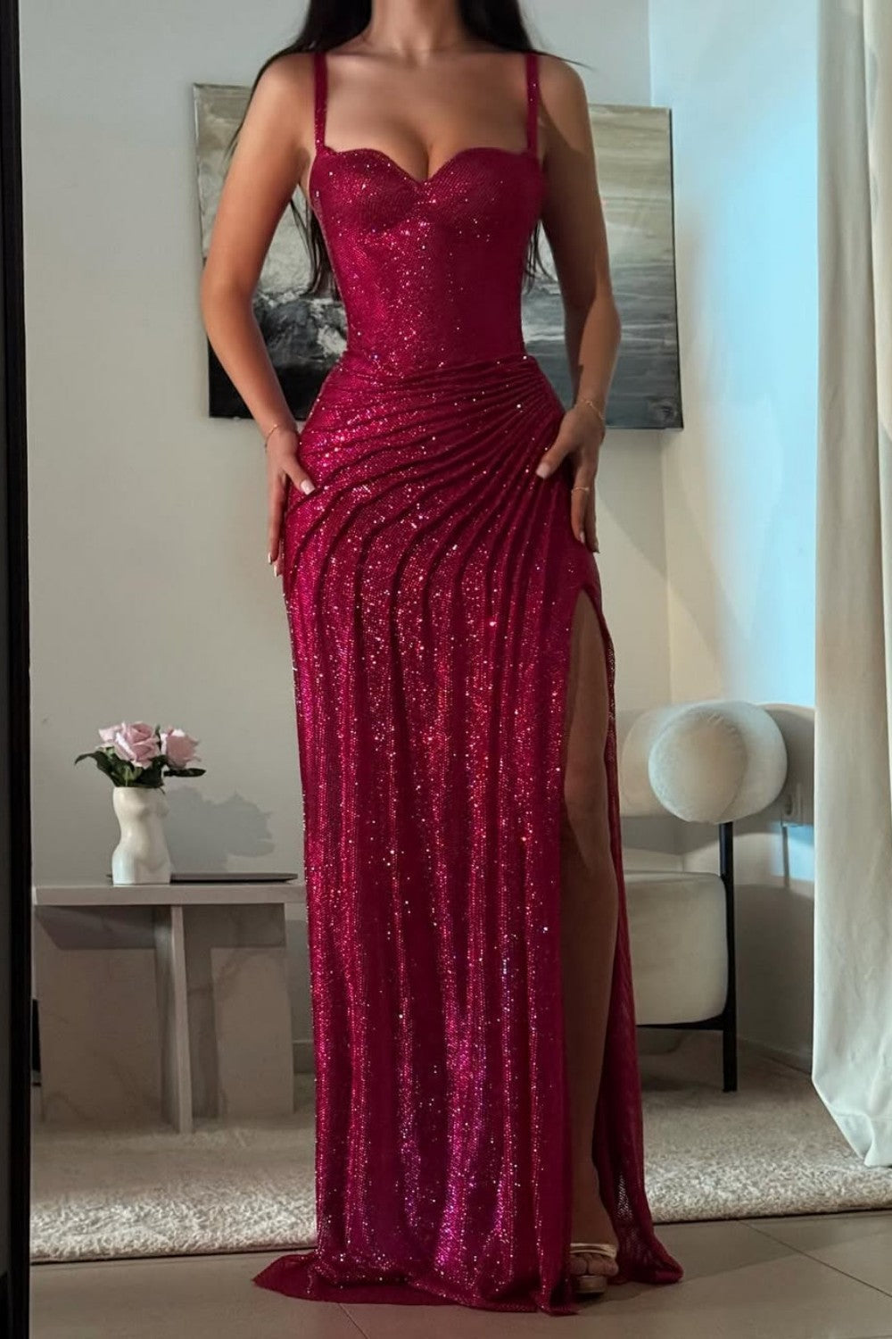 Sparkly Mermaid Spaghetti Straps Red Sequins Long Prom Dress with Ruched