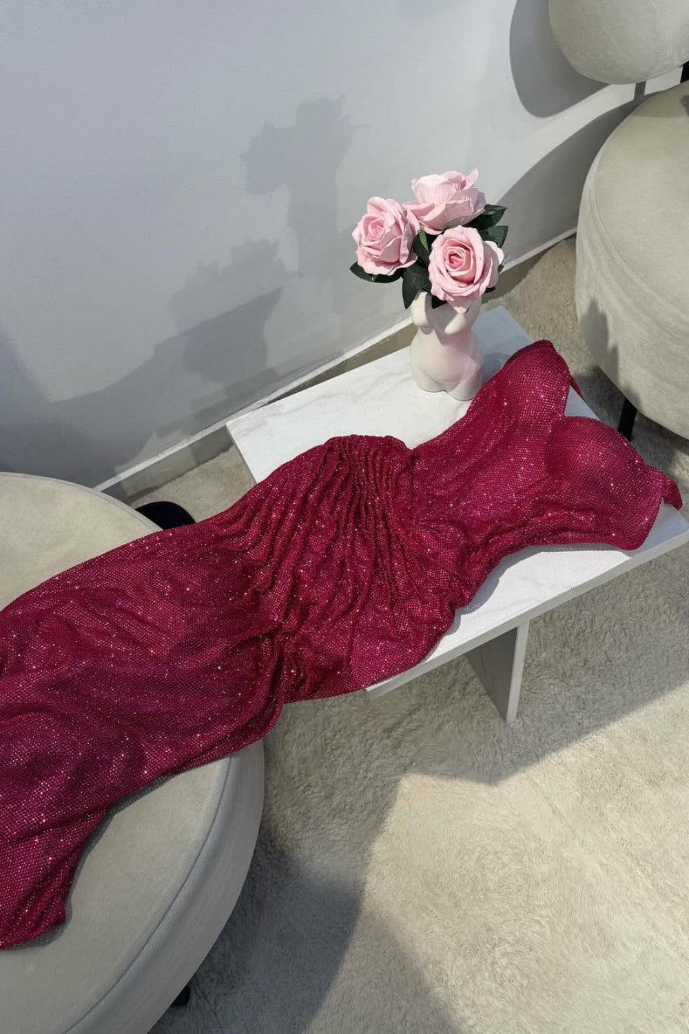 Sparkly Mermaid Spaghetti Straps Red Sequins Long Prom Dress with Ruched
