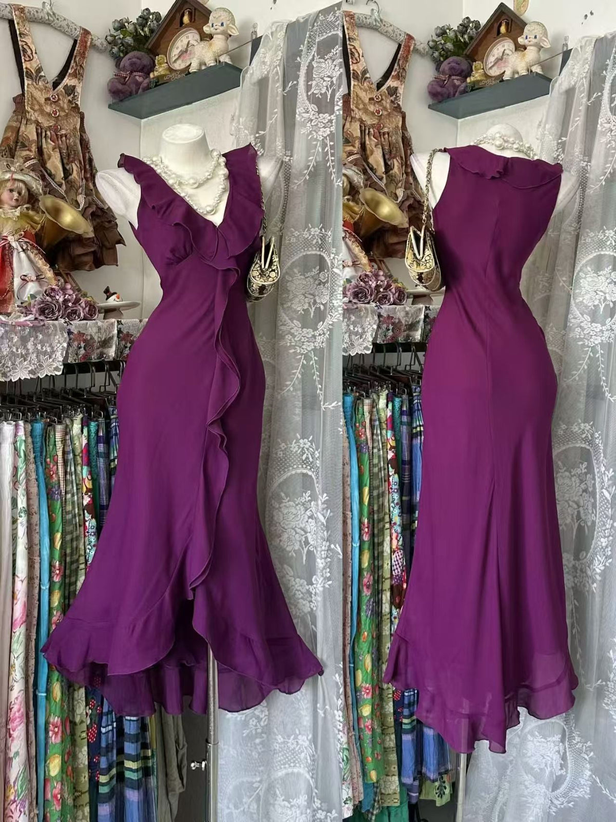 Fuchsia Mermaid Chiffon Evening Dress Ruffled Party Dress J10919