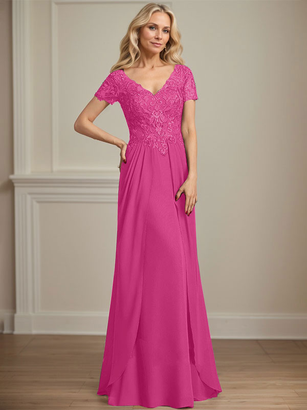 A-line V-Neck Floor-Length Chiffon Lace Mother of the Bride Dress - View 11 | FashionDia