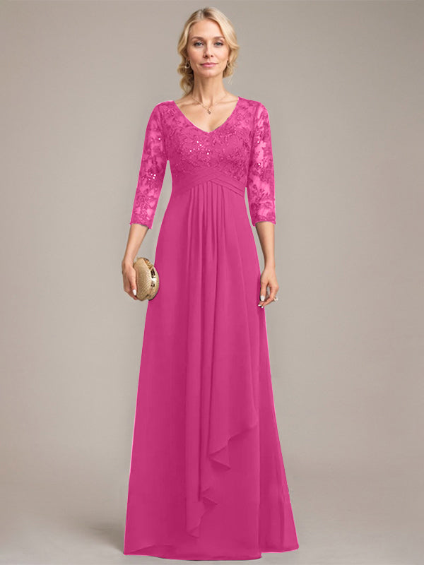 A-line V-Neck Floor-Length Lace Chiffon Mother of the Bride Dress With Cascading Ruffles Sequins - View 15 | FashionDia