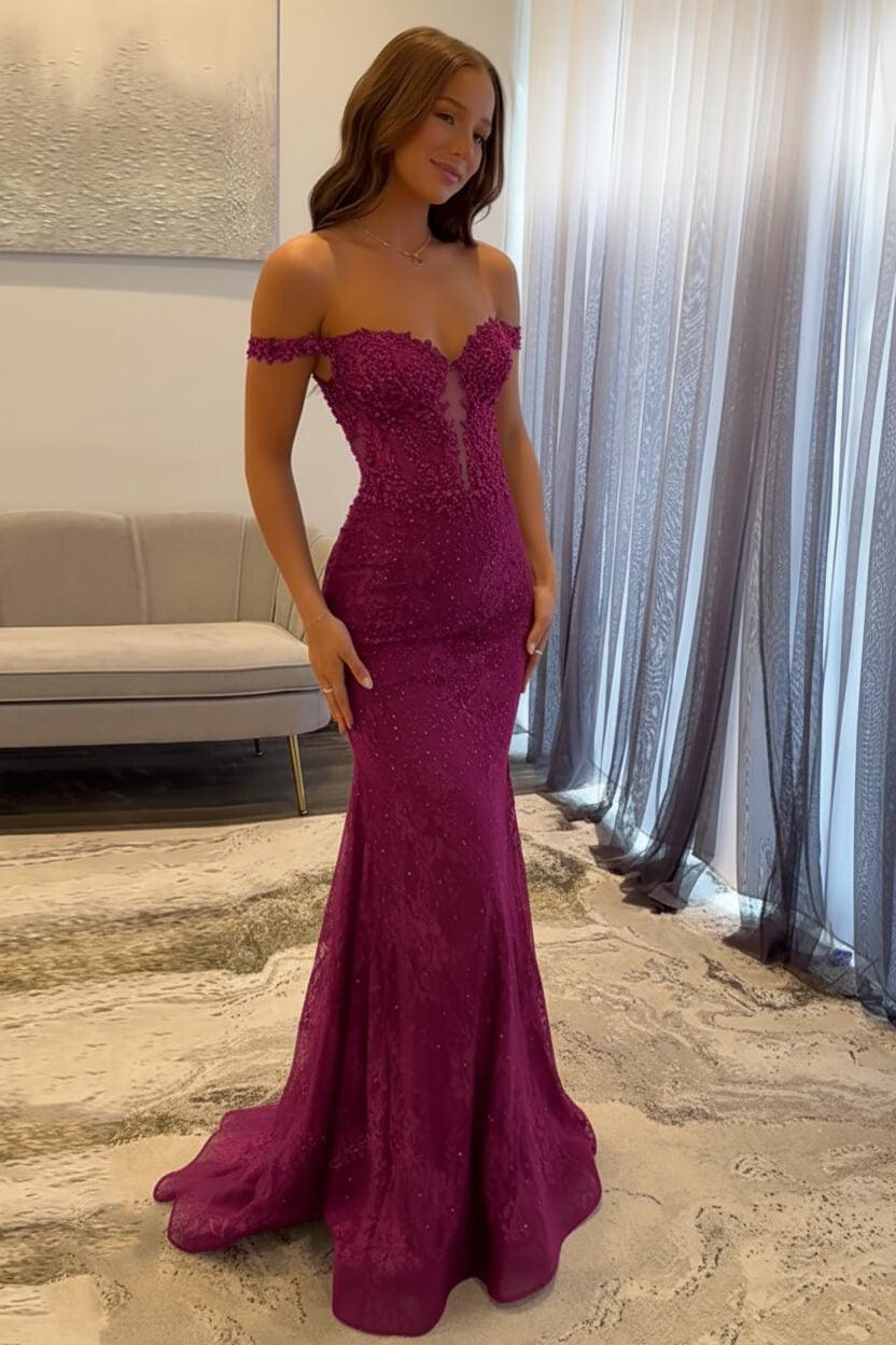 Navy Prom Dress Off The Shoulder Mermaid Long Lace Formal Dress