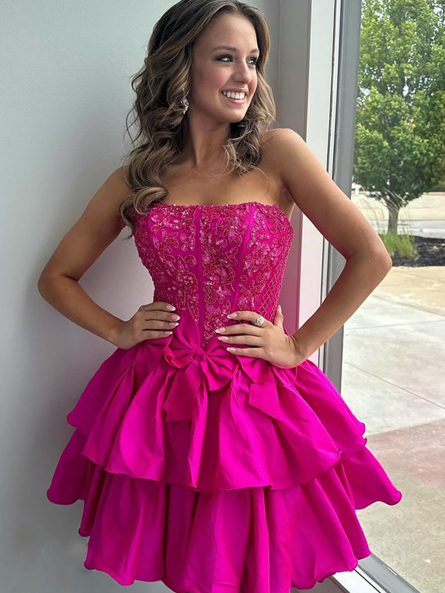 A-Line Strapless Short Satin Homecoming Dress With Beading - FashionDia