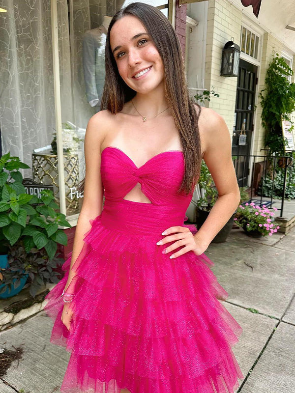 A-Line Strapless Knotted Tiered Ruffle Short Homecoming Dress - FashionDia