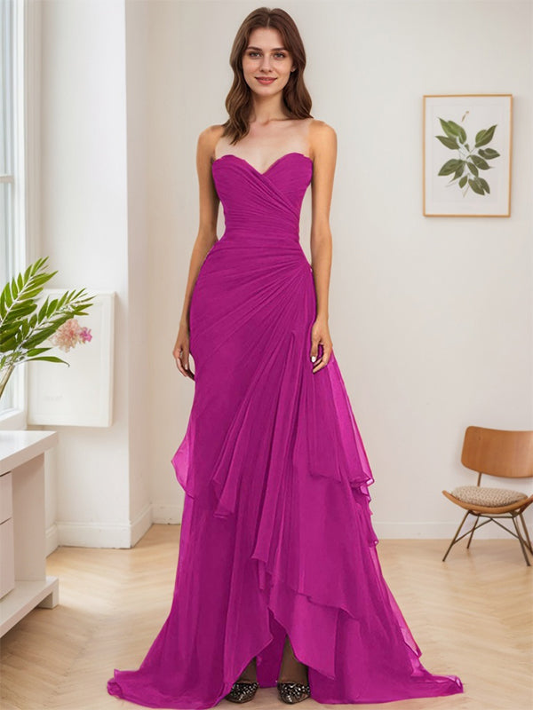 Dark Brown A Line Strapless Sweetheart Sheath Chiffon Tiered Long Formal Dress