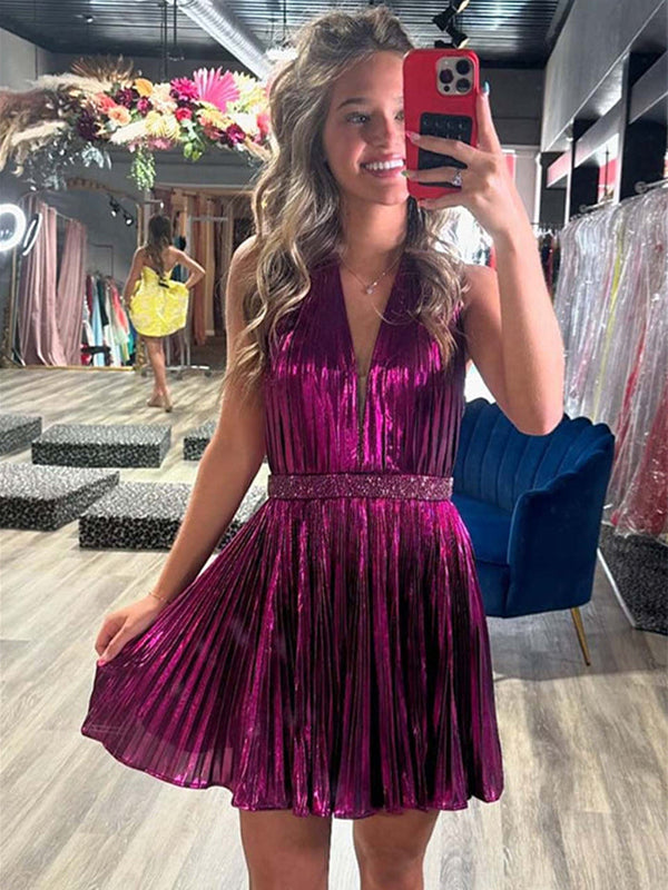 Halter Ruffles Beaded Pleated Short Homecoming Dress - FashionDia
