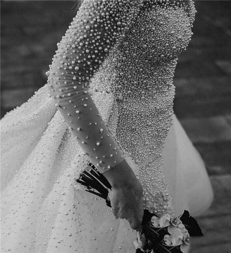 Full Beads Luxury Long Sleeve Wedding Dresses with Pearls | Sexy Sheer Tulle Overkirt Bridal Dresses with Buttons