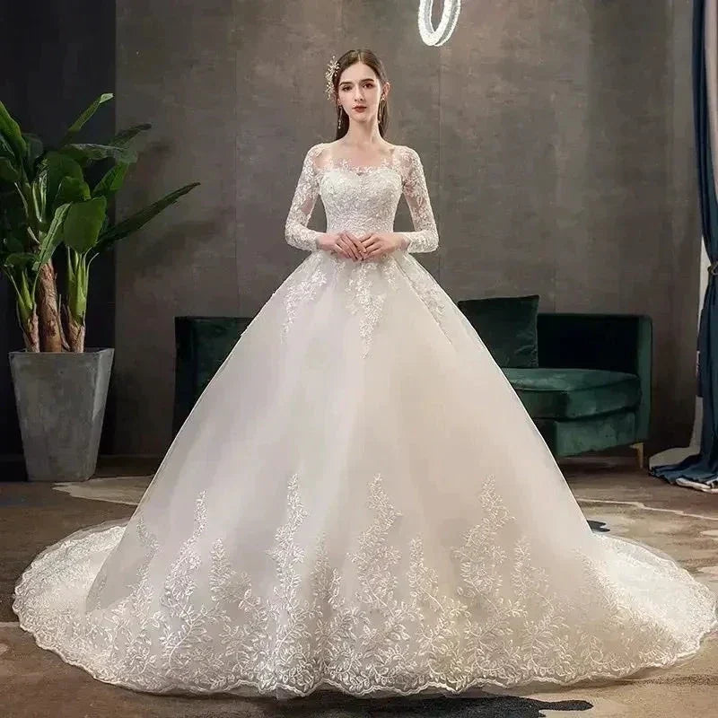 Full Sleeve Lace Long Train Wedding Dresses Illusion Long Appliques Lace Embroidery Vestido De Noiva Vestidos De Novia (ZD14012) - VelvetHem