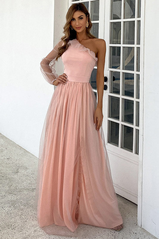 Full-Length Pink One Sleeve Prom Dress Evening Gown - Fashionpara