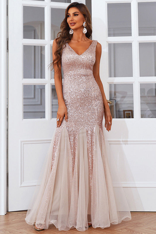 Full Length Sequins V-Neck Evening Prom Dresses - Fashionpara