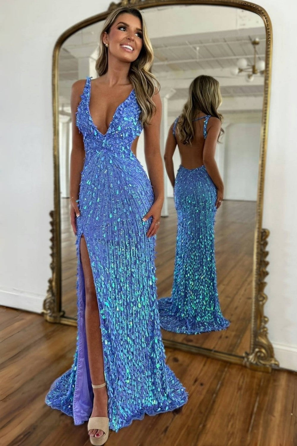 Sparkly Mermaid V Neck Red Sequins Long Prom Dress with Open Back - View 10 | FashionDia