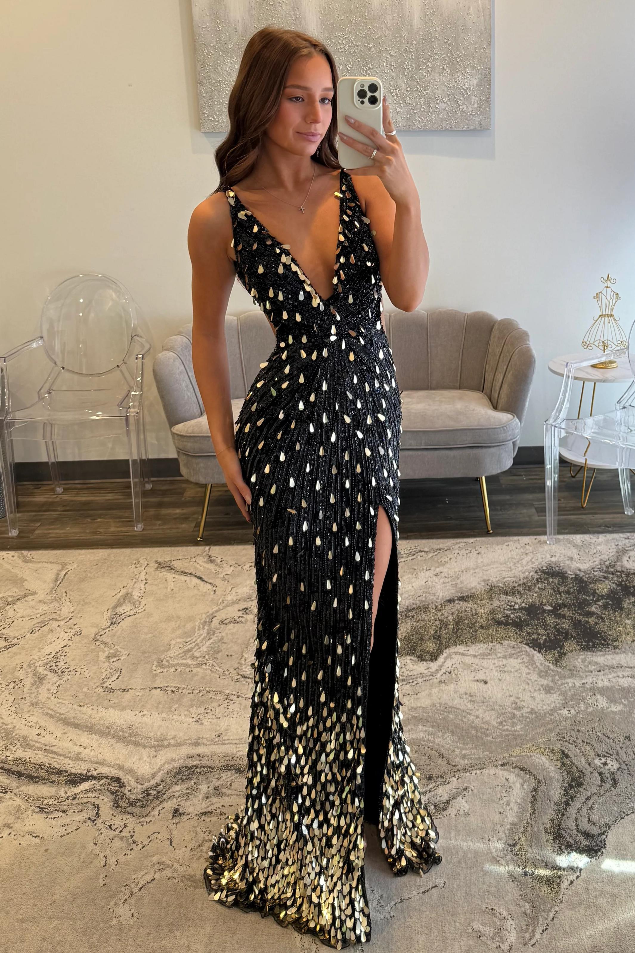Fashionable Mermaid V Neck Black Sequins Long Prom Dress with Split Front