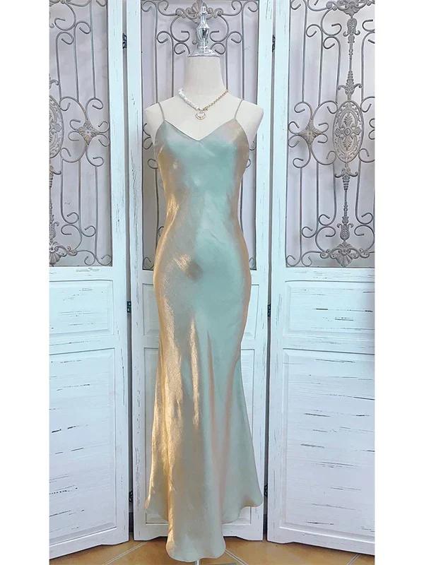 Unique Spaghetti Straps V Neck Satin A Line Prom Evening Dress Y8061 - View 2 | VelvetHem